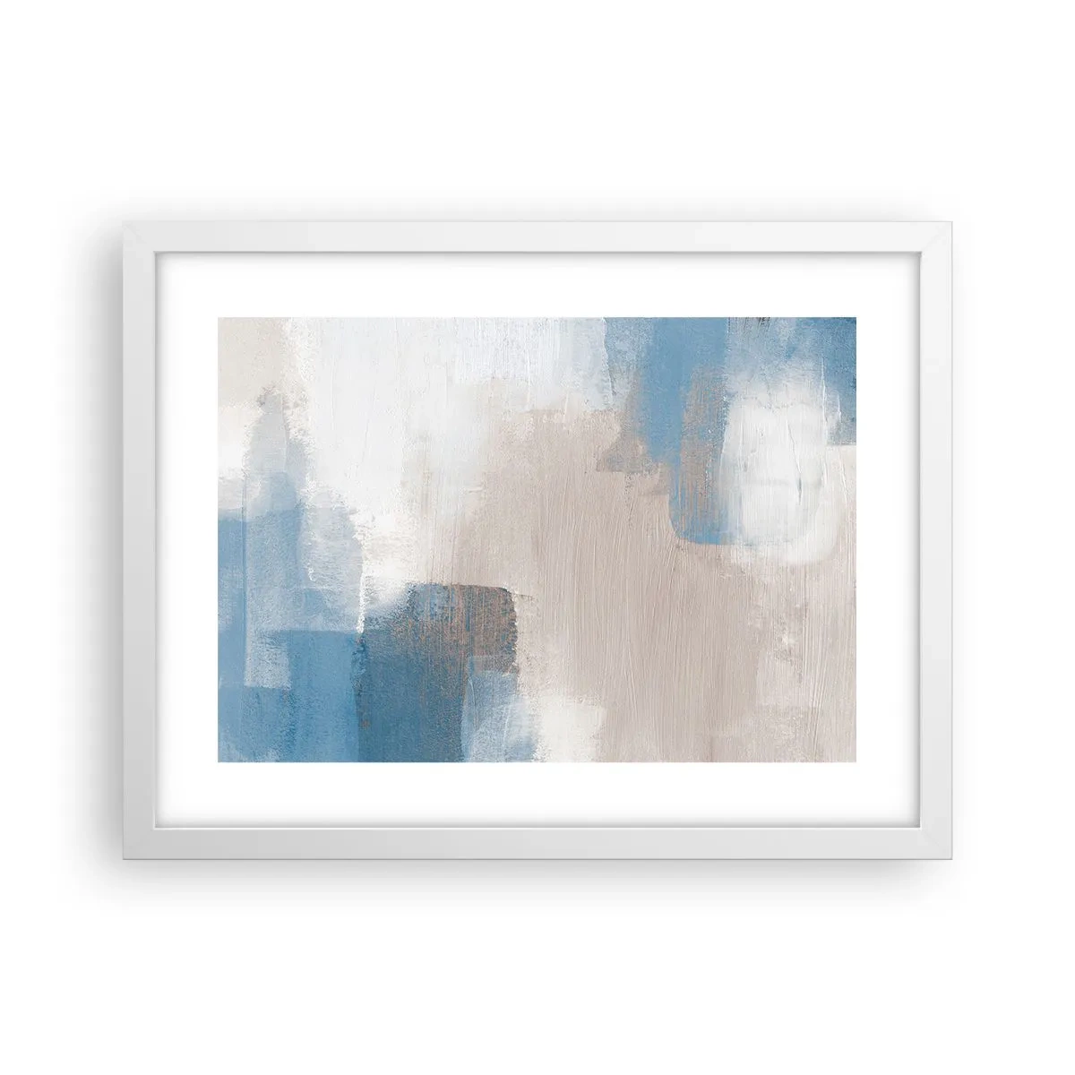 Poster in een witte lijst - Roze abstractie achter een blauw gordijn - 40x30 cm