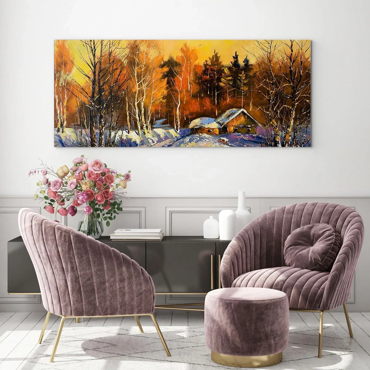 Schilderen op glas - Winter impressie in de zon - 160x50 cm