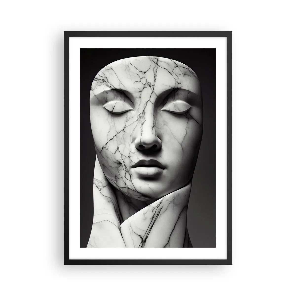 Poster in een zwarte lijst - Marmeren sculptuur van gezicht met gesloten ogen op een zwarte achtergrond - 50x70cm - Marmeren vormen - Moderne wanddecoratie voor woonkamer en slaapkamer ARTTOR