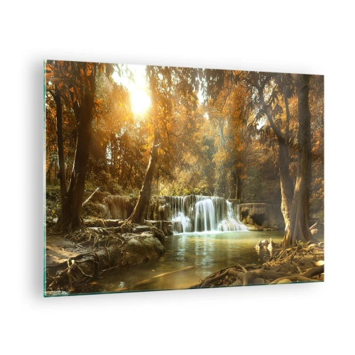 Schilderen op glas - Een waterval in een park omgeven door bomen in herfstkleuren - 70x50cm - Park cascade - Moderne wanddecoratie voor woonkamer en slaapkamer ARTTOR
