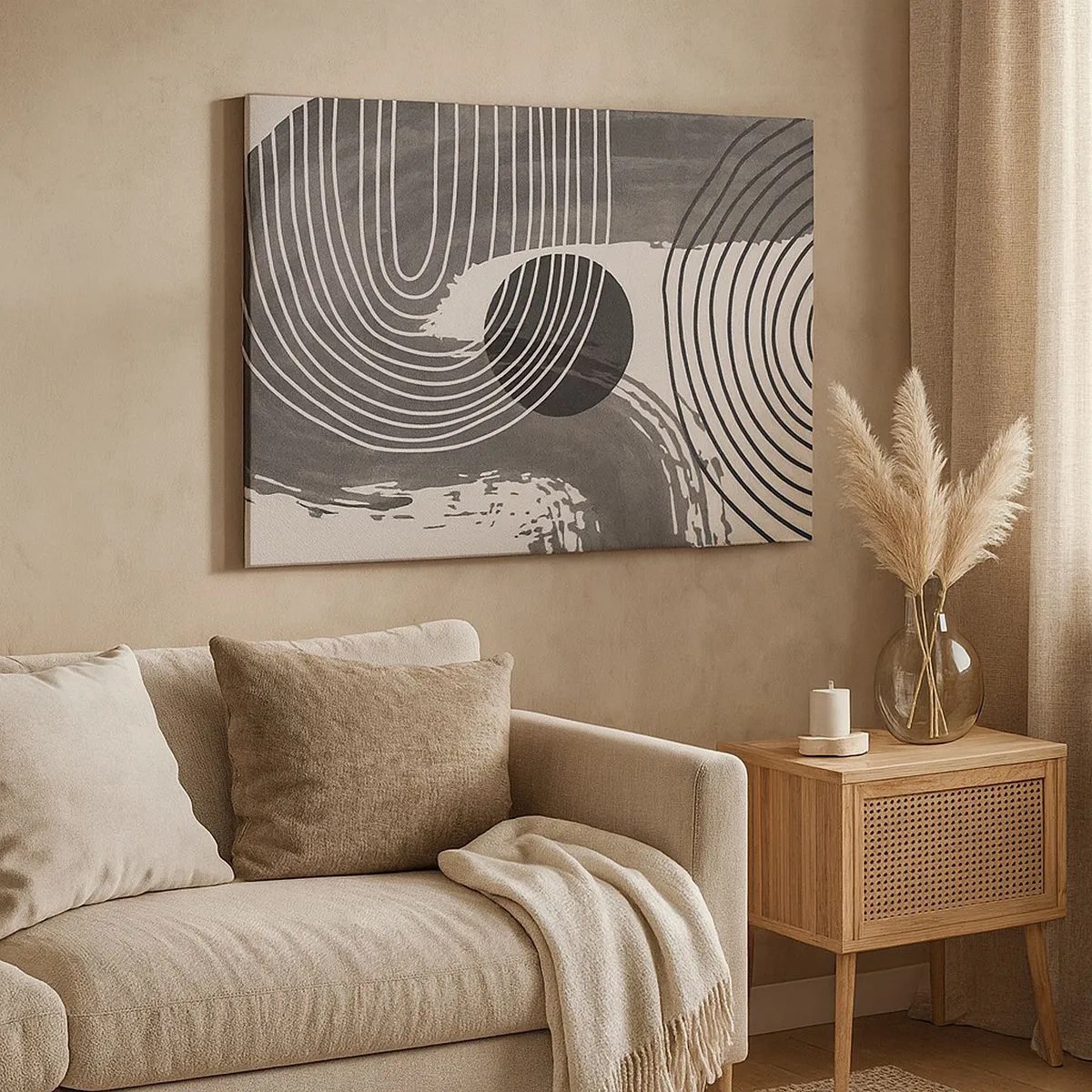Schilderen op canvas - Geometrische lijnen en ovalen in monochrome tinten - 70x50cm - Het ovaal wint - Moderne wanddecoratie voor woonkamer en slaapkamer ARTTOR