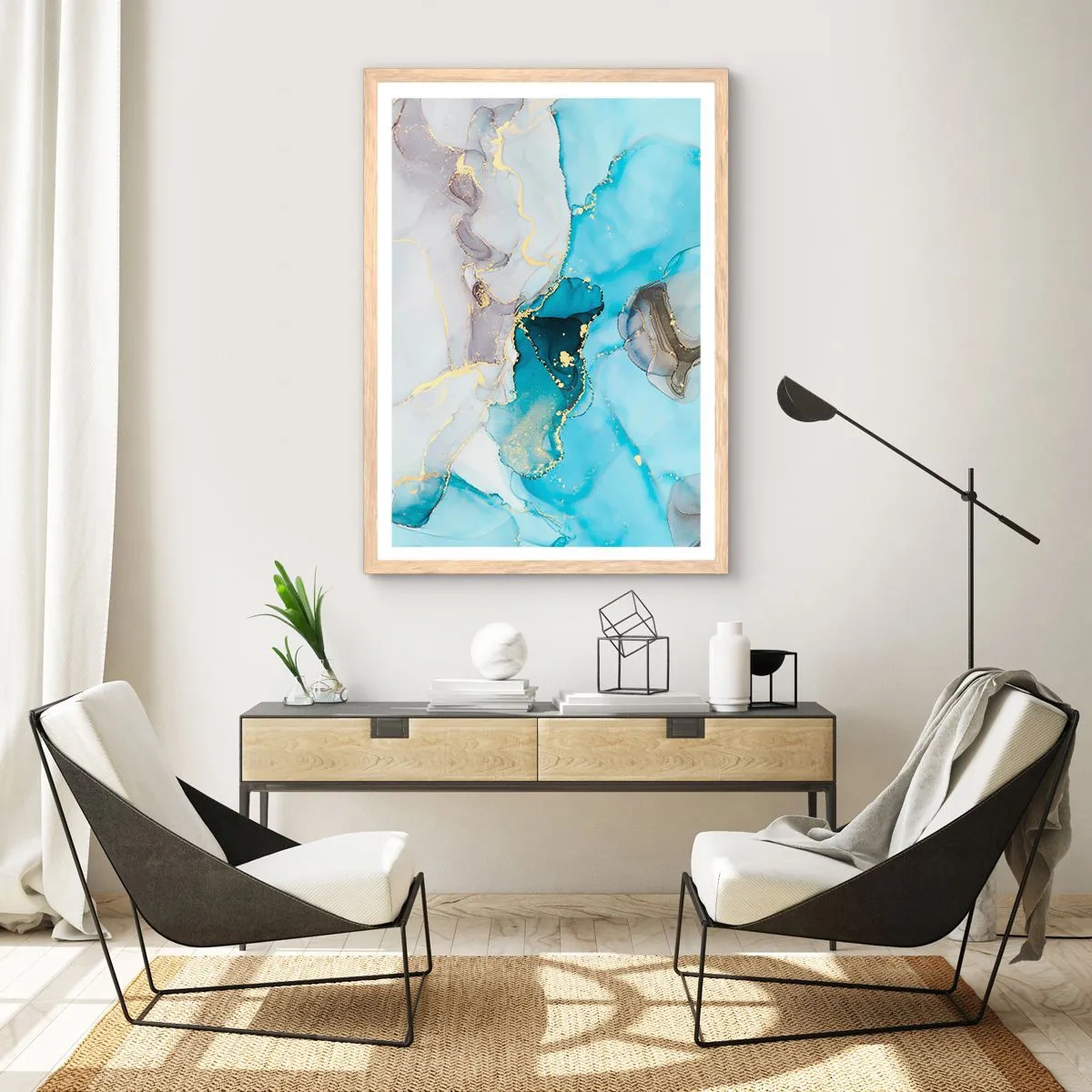 Een poster in een licht eiken lijst - Een studie van de ontmoeting van grijs en turkoois - 30x40 cm