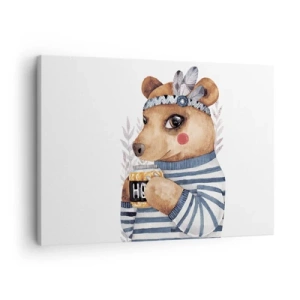 Schilderen op canvas - Een teddybeer in een gestreepte trui met een kopje honing - 70x50cm - Zoete beer - Moderne wanddecoratie voor woonkamer en slaapkamer ARTTOR