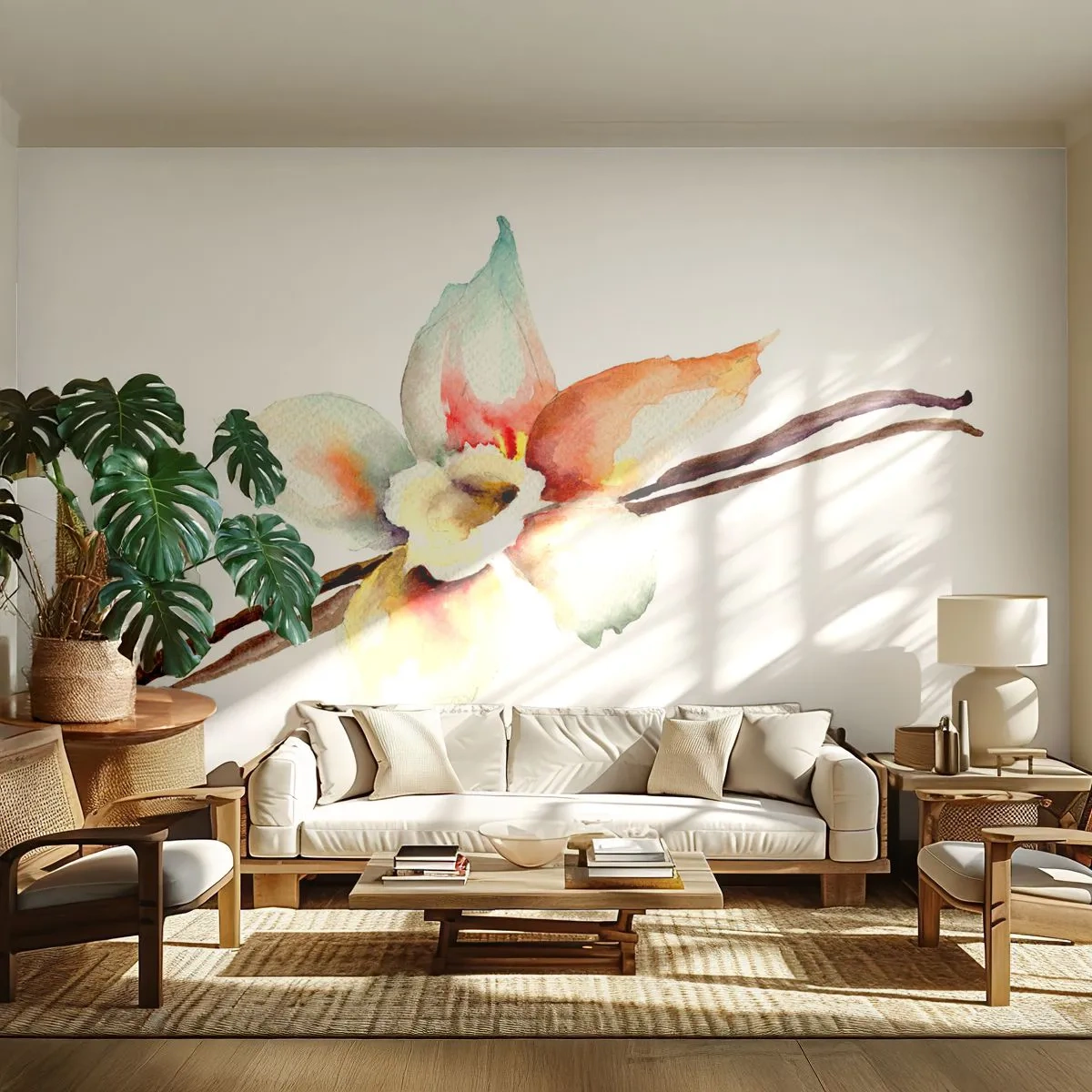 Fotobehang Premium Canvas - Zoetheid gemorst met verf - Vanille bloem, Bloem, Vanillestokje - 350x256 cm