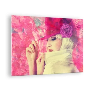 Schilderen op glas - Illustratie van een vrouw met een roze hoed en een bloem op de achtergrond - 70x50cm - Retro portret in een roze mist - Moderne wanddecoratie voor woonkamer en slaapkamer ARTTOR