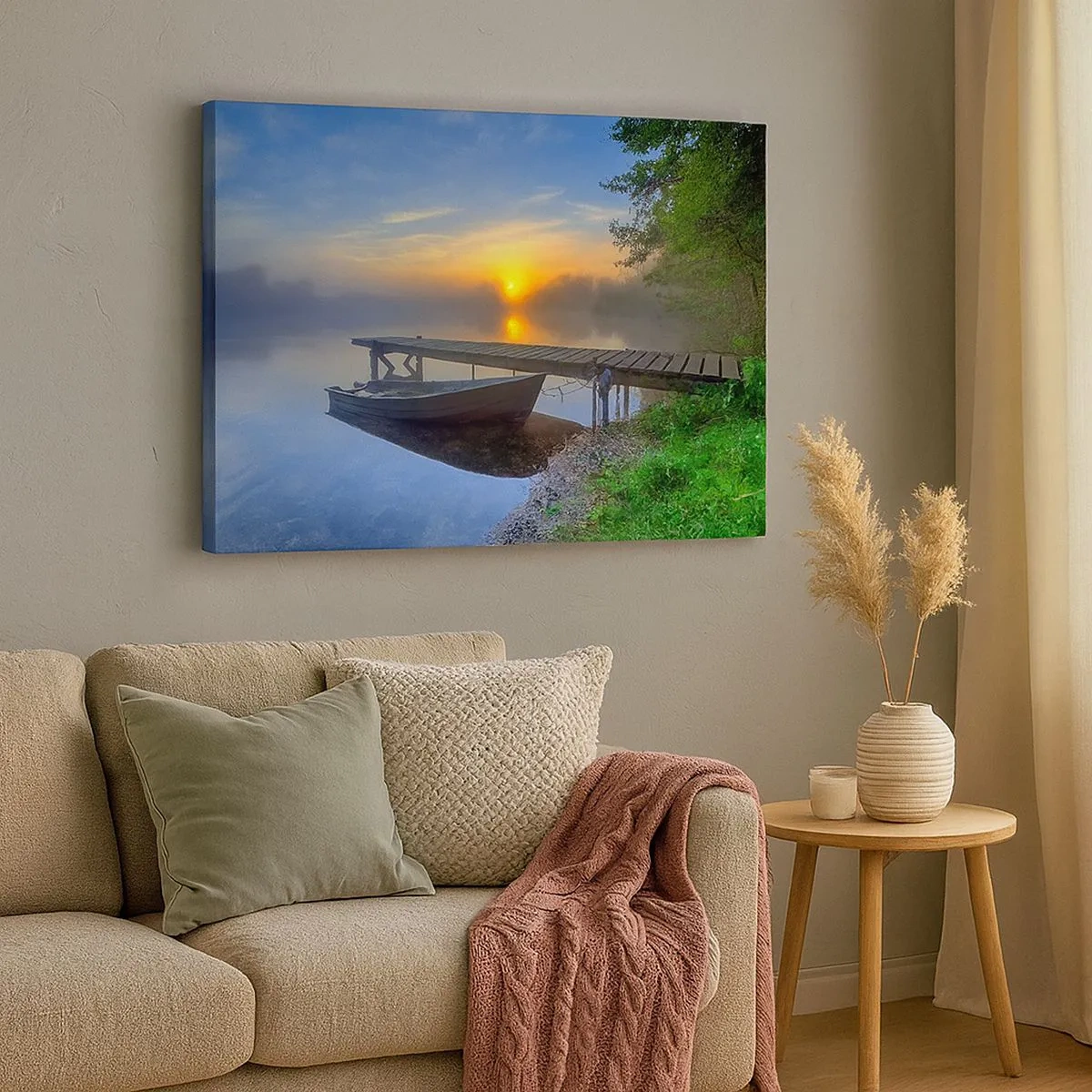 Schilderen op canvas - Een steiger aan het meer bij zonsopgang met een boot aan de oever - 70x50cm - Hoe gewoon verandert in magie - Moderne wanddecoratie voor woonkamer en slaapkamer ARTTOR