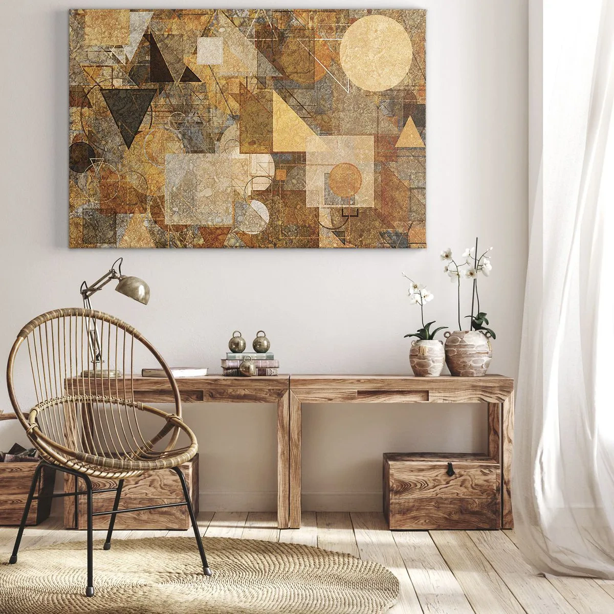 Schilderen op canvas - Abstracte geometrische figuren in warme tinten - 70x50cm - Een kubistische studie van brons - Moderne wanddecoratie voor woonkamer en slaapkamer ARTTOR