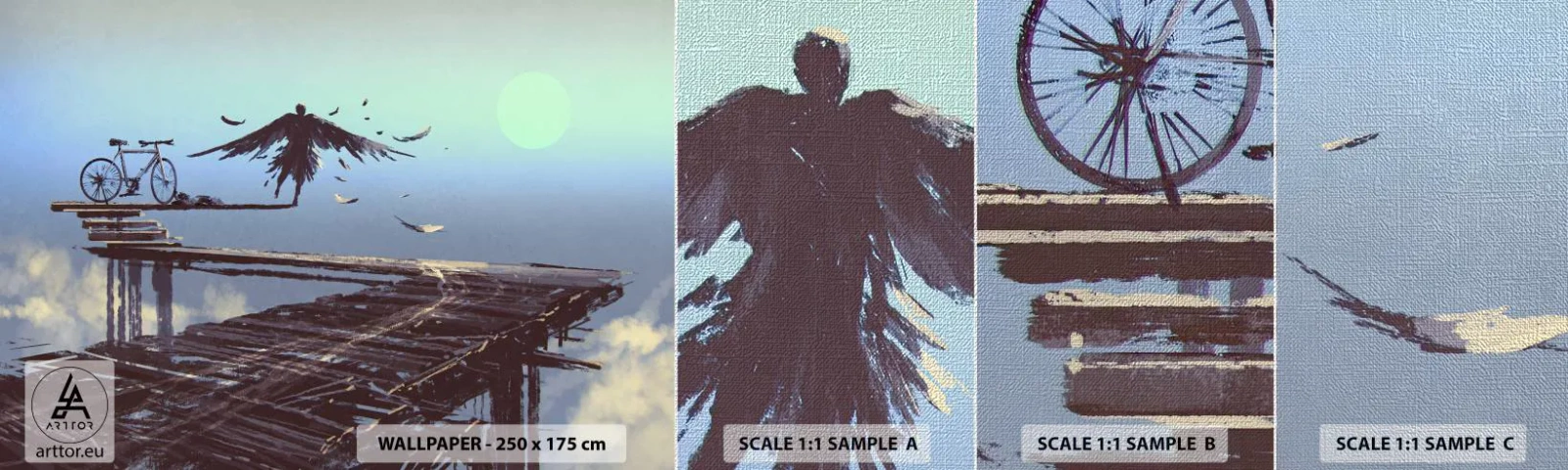 Fotobehang Monster Premium Canvas - Icarus leeft voor altijd - Abstractie, Ikarus, Fiets - 100x30 cm