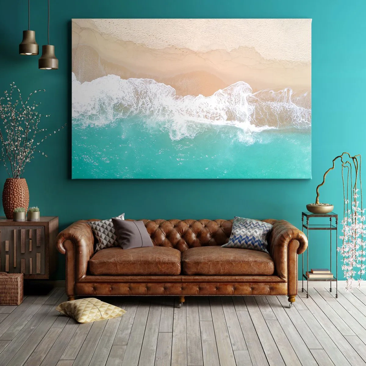 Schilderen op canvas - Een vogelperspectief van een strand met turquoise water en zachte golven - 70x50cm - Een strelende aanraking - Moderne wanddecoratie voor woonkamer en slaapkamer ARTTOR