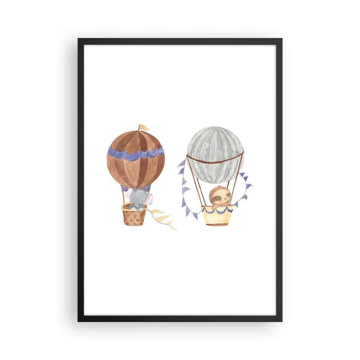 Poster in een zwarte lijst - Schattige dieren in ballonnen op een witte achtergrond in aquarelstijl - 50x70cm - Vrienden onderweg - Moderne wanddecoratie voor woonkamer en slaapkamer ARTTOR