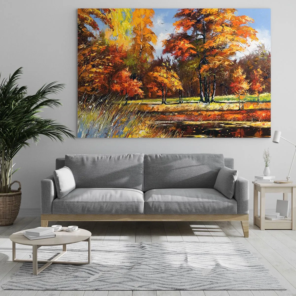 Schilderen op glas - Herfstlandschap met bomen en weerspiegeling in het water - 70x50cm - Landschap in goud en brons - Moderne wanddecoratie voor woonkamer en slaapkamer ARTTOR