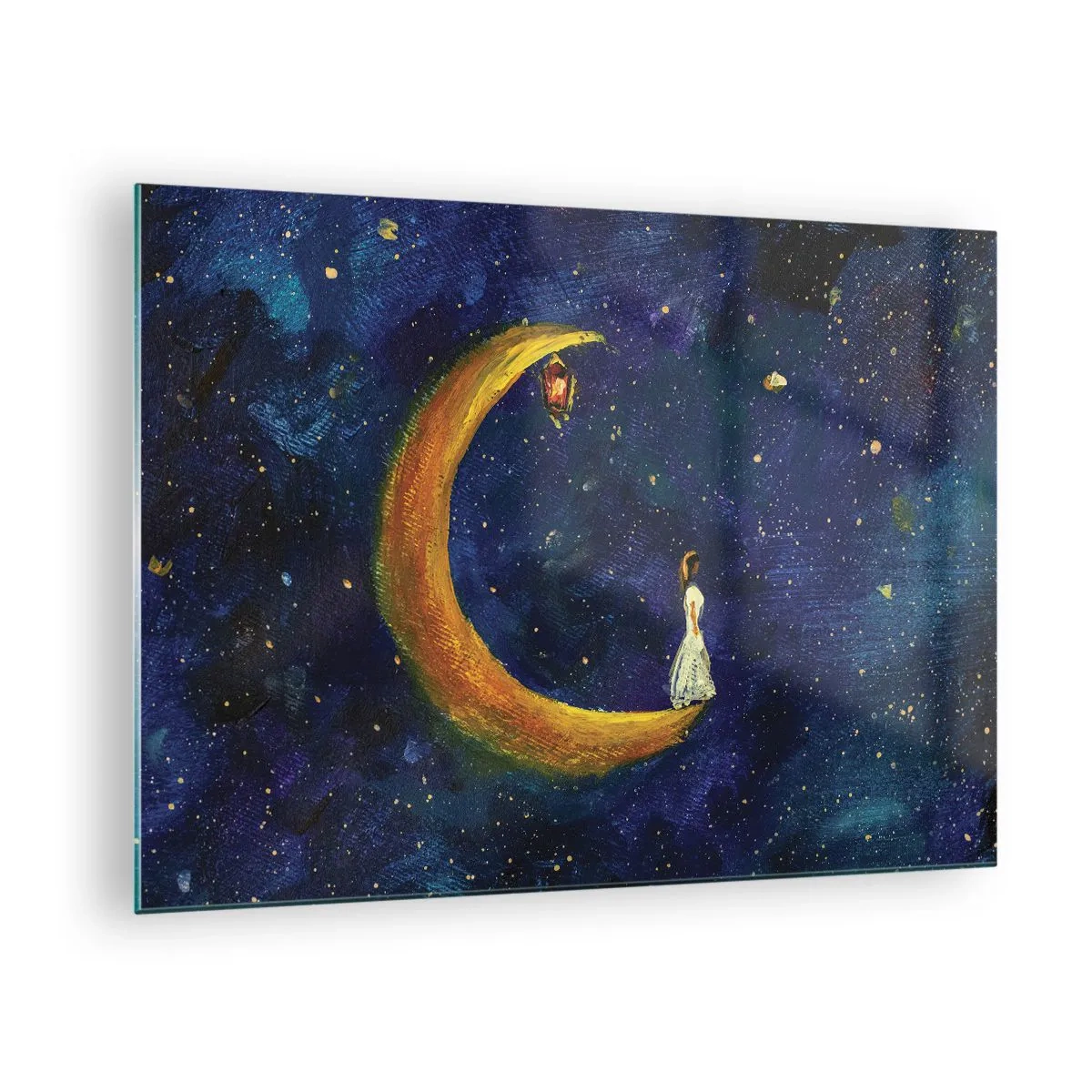 Schilderen op glas - Een figuur op de maan aan de nachtelijke hemel - 70x50cm - De roep van de wereld - Moderne wanddecoratie voor woonkamer en slaapkamer ARTTOR
