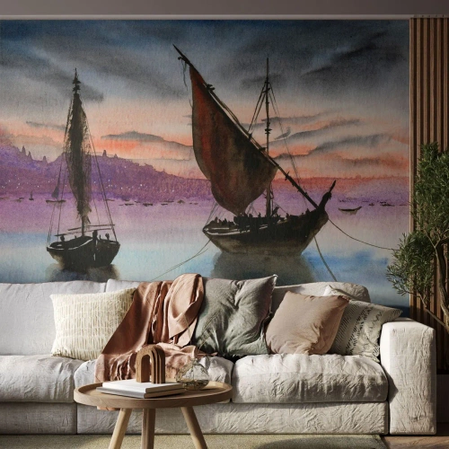 Fotobehang Premium Sand - Avond in de haven - Zeilboten, Kust, Landschap - 300x210 cm
