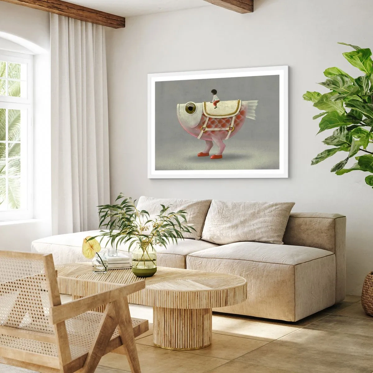 Poster in een witte lijst - Ruiter op een surrealistische vis - 40x30 cm