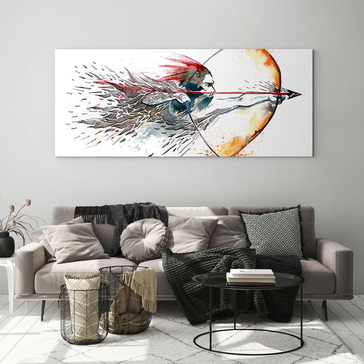 Schilderen op glas - Mythische krijger met een vurige boog - 90x30 cm