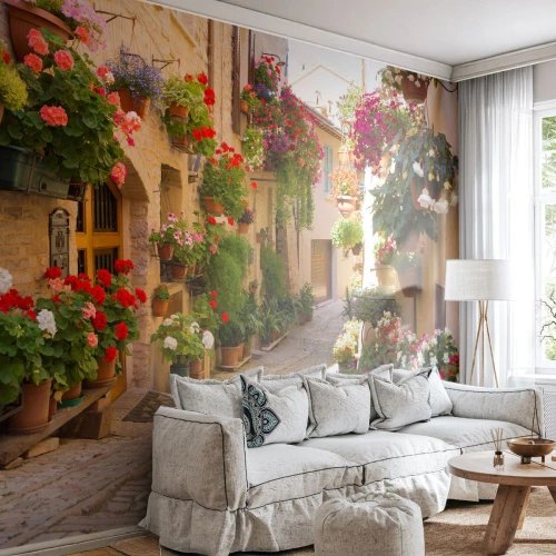 Zelfklevend Fotobehang Deluxe Sticker - In de vloed van bloemen - Stad, Italië, Mooie straten - 100x70 cm