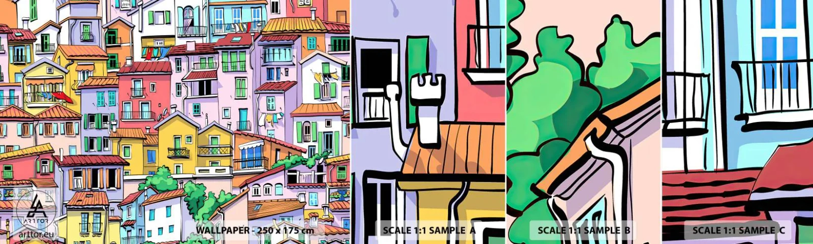 Fotobehang Monster Zelfklevend Deluxe Sticker - Vrolijke stad - Stad, Huurkazernes, Huizen - 100x30 cm