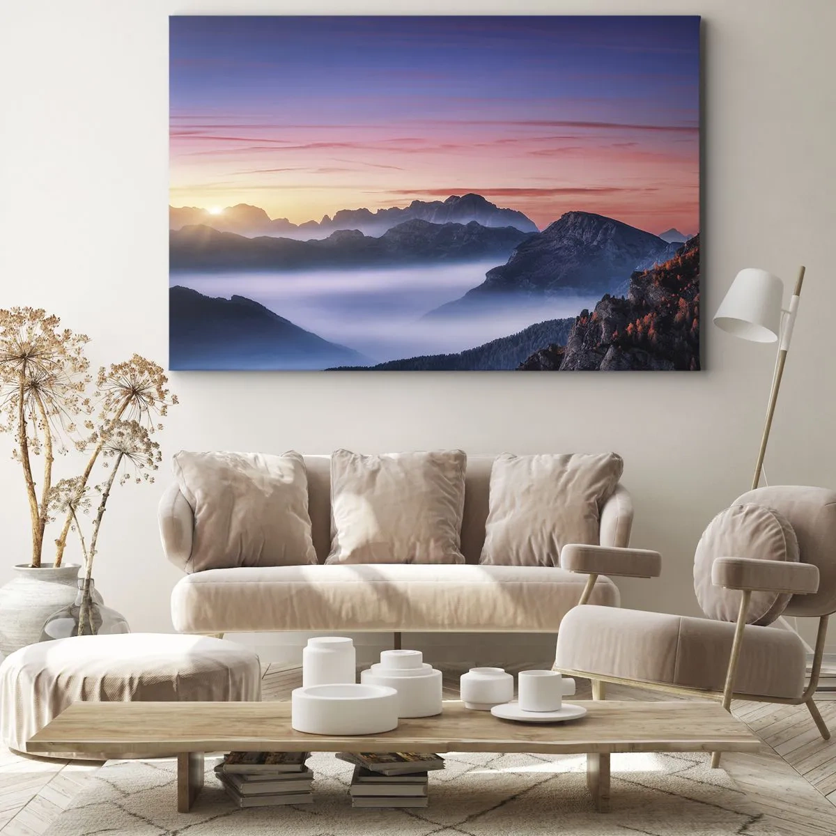 Schilderen op canvas - Berglandschap bij zonsopgang met mist in de valleien - 70x50cm - Over de valleien - Moderne wanddecoratie voor woonkamer en slaapkamer ARTTOR