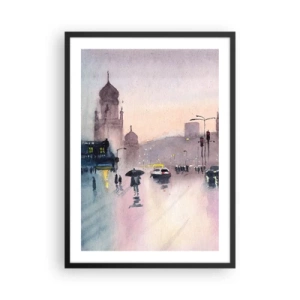 Poster in een zwarte lijst - Stadsgezicht met silhouetten van mensen en lichten in de regenmist - 50x70cm - In de regenachtige nevel - Moderne wanddecoratie voor woonkamer en slaapkamer ARTTOR