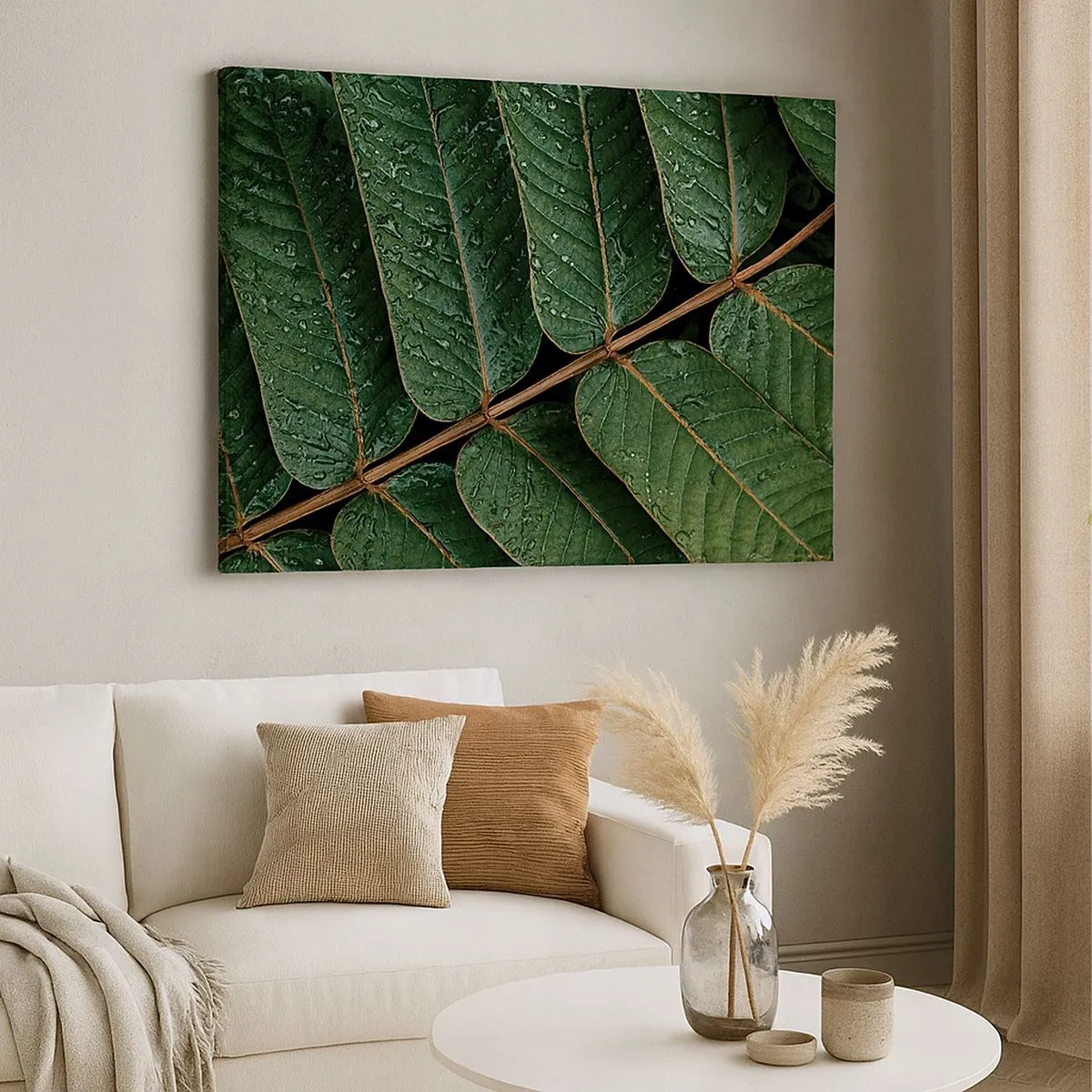 Schilderen op canvas - Macro-opname van groene bladeren met dauwdruppels - 70x50cm - In een groen ritme - Moderne wanddecoratie voor woonkamer en slaapkamer ARTTOR