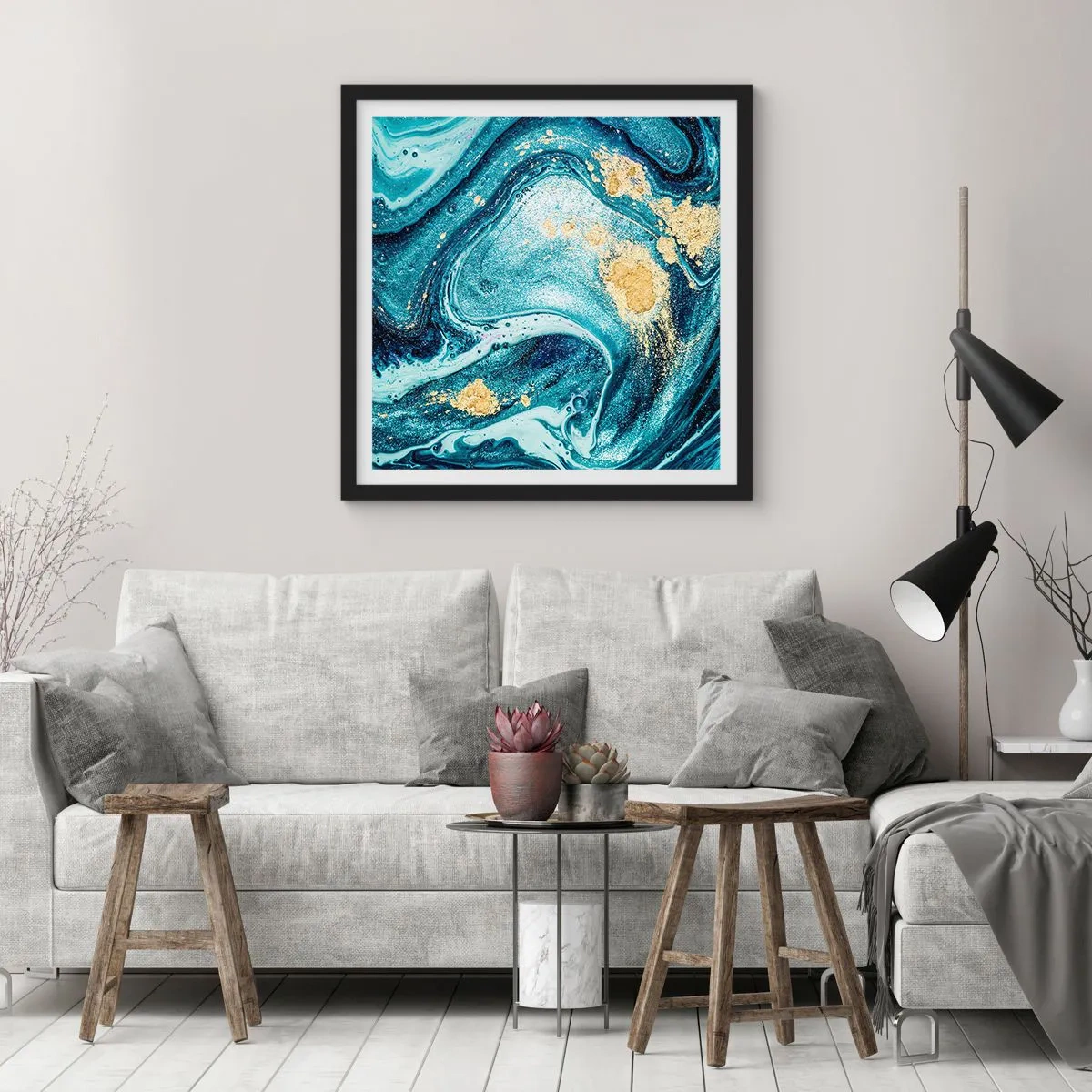 Poster in een zwarte lijst - Blauwe draaikolk - 30x30 cm