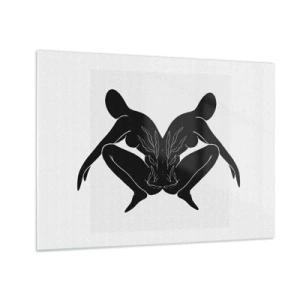 Schilderen op glas - Zwarte figuren die een symmetrisch hart vormen op een witte achtergrond - 70x50cm - Een gemeenschappelijke ziel - Moderne wanddecoratie voor woonkamer en slaapkamer ARTTOR