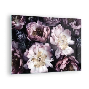 Schilderen op glas - Een romantisch boeket pioenrozen in gedempte paarse en roze tinten - 70x50cm - Boeket ouderwets - Moderne wanddecoratie voor woonkamer en slaapkamer ARTTOR