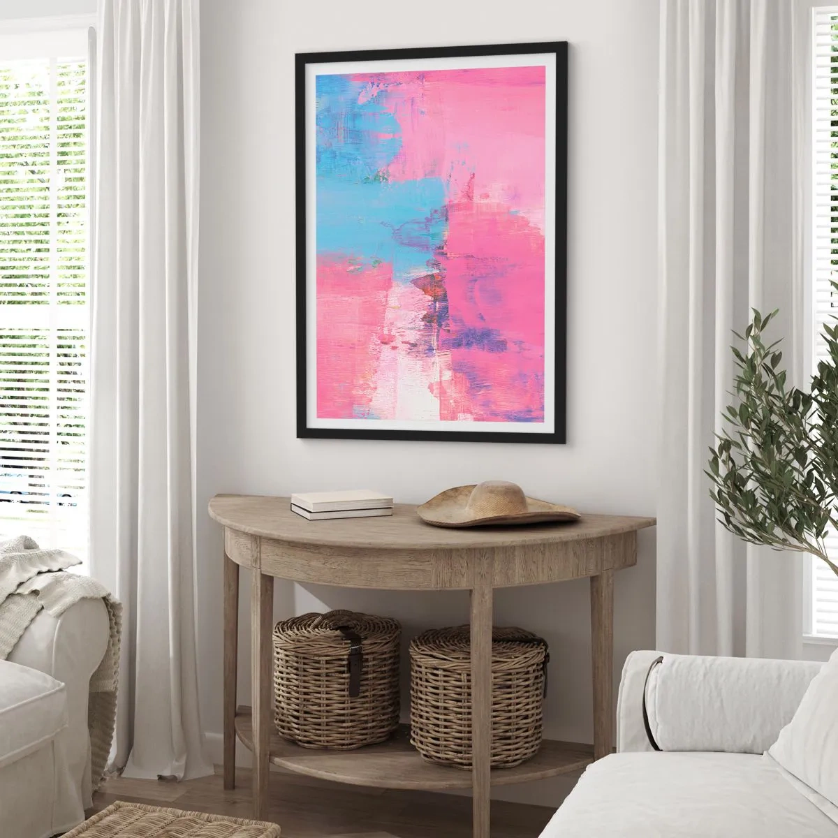 Poster in een zwarte lijst - Abstracte compositie in tinten roze en blauw - 50x70cm - Roze, blauw en een vleugje licht - Moderne wanddecoratie voor woonkamer en slaapkamer ARTTOR