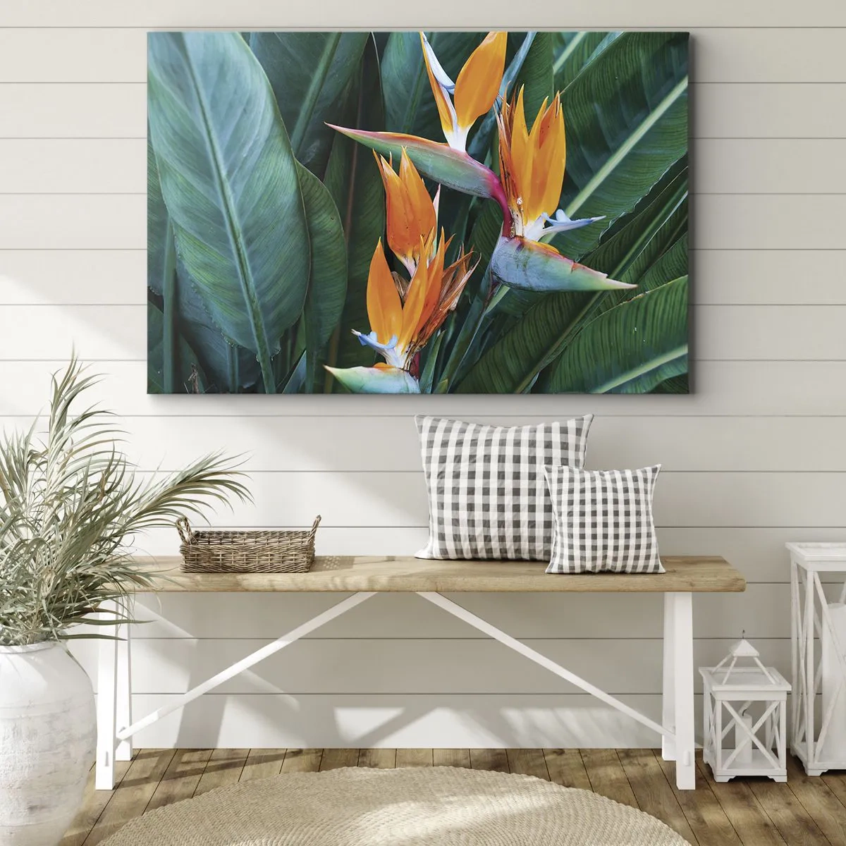 Schilderen op canvas - Exotische strelitzia-bloemen omgeven door groene bladeren - 70x50cm - Is het een bloem of is het een vogel? - Moderne wanddecoratie voor woonkamer en slaapkamer ARTTOR