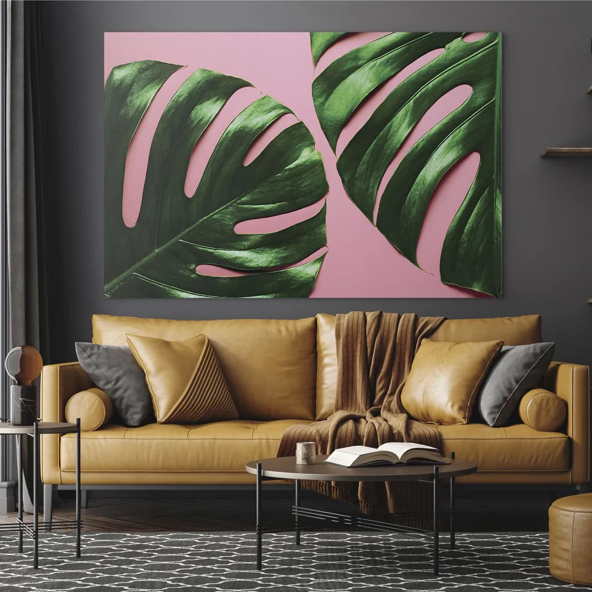 Schilderen op glas - Groene monsterabladeren op een roze achtergrond - 70x50cm - Groene rendez-vous - Moderne wanddecoratie voor woonkamer en slaapkamer ARTTOR