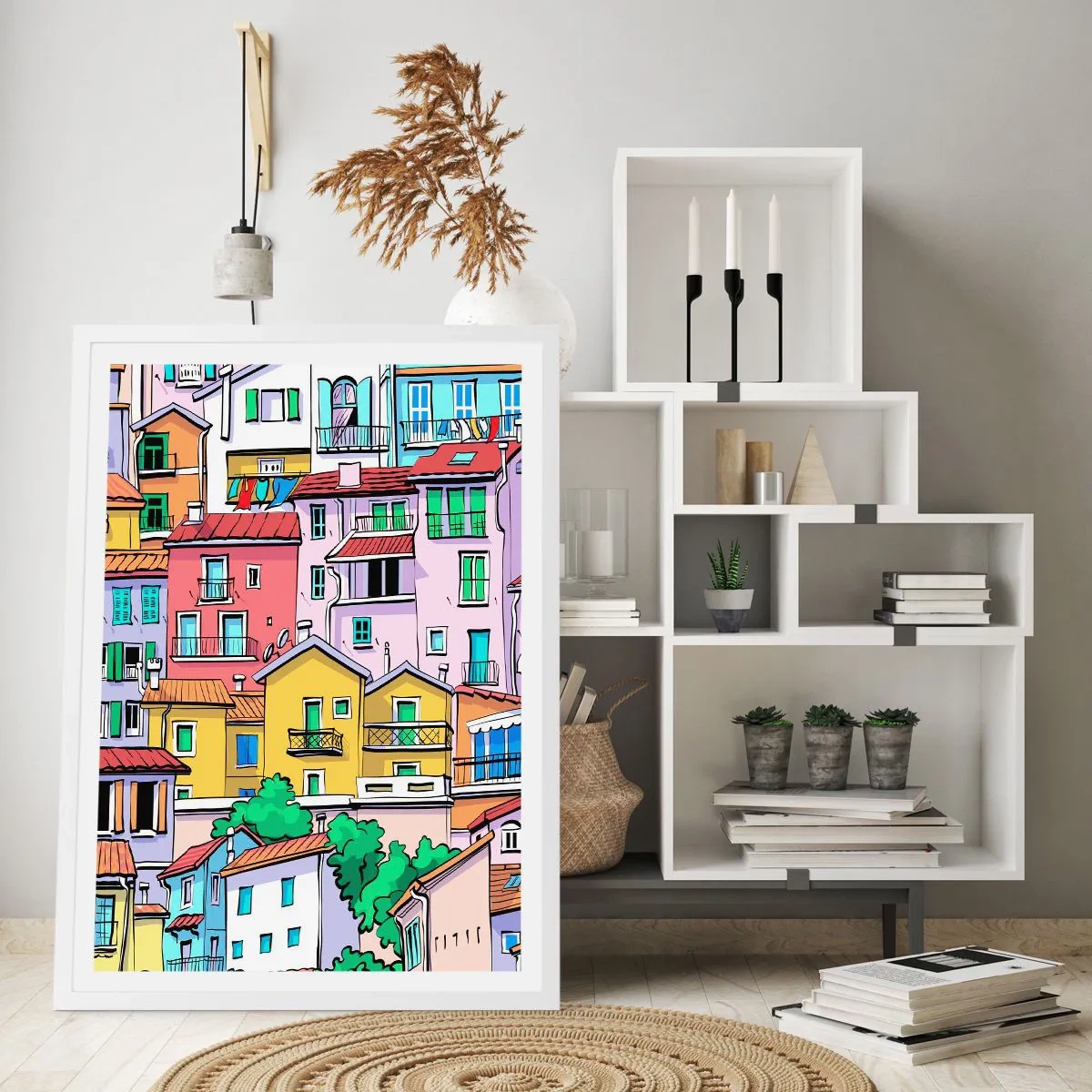 Poster in een witte lijst - Vrolijke stad - 70x100 cm