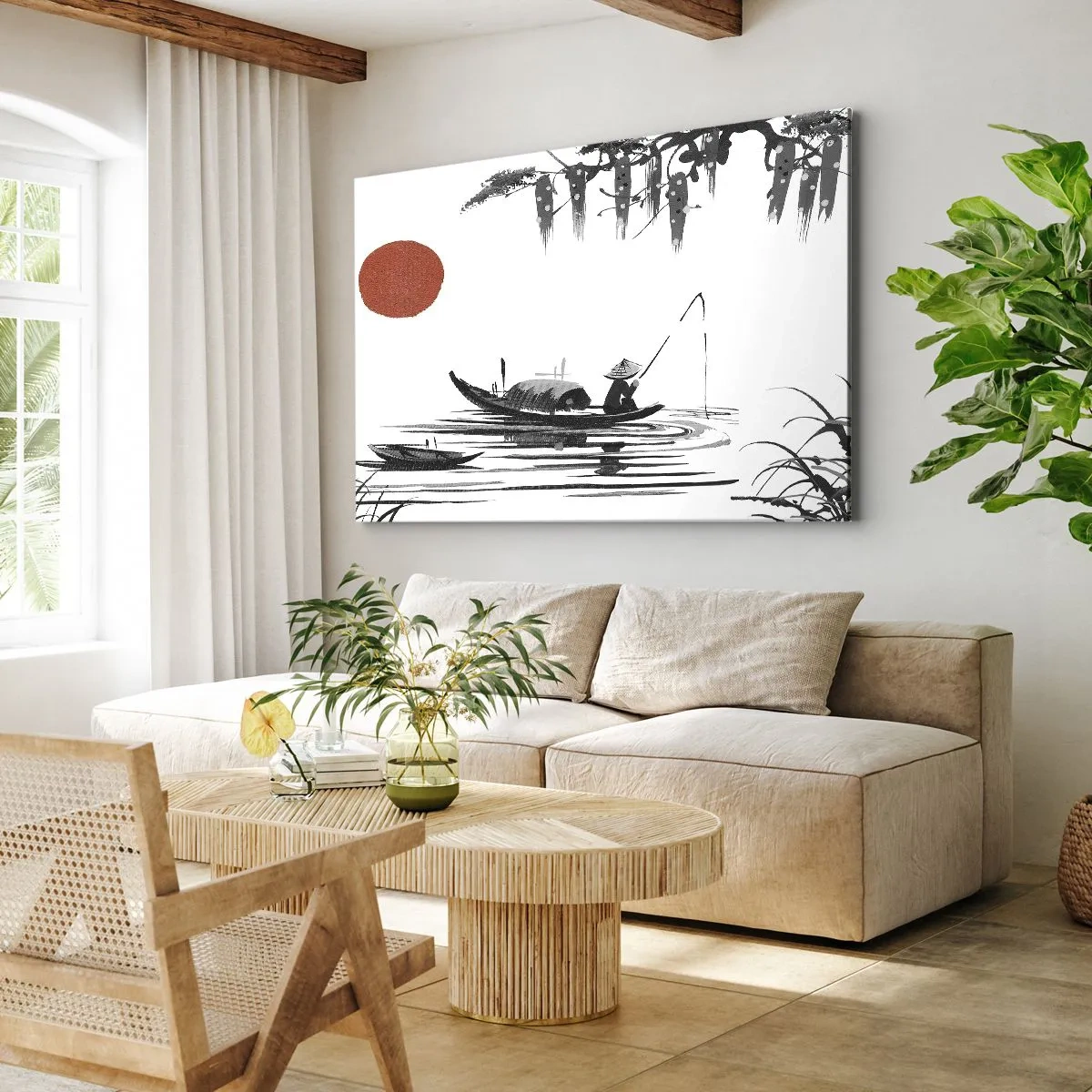 Schilderen op canvas - Oosters landschap met een visser op een boot en een rode zon - 70x50cm - Aziatische middag - Moderne wanddecoratie voor woonkamer en slaapkamer ARTTOR