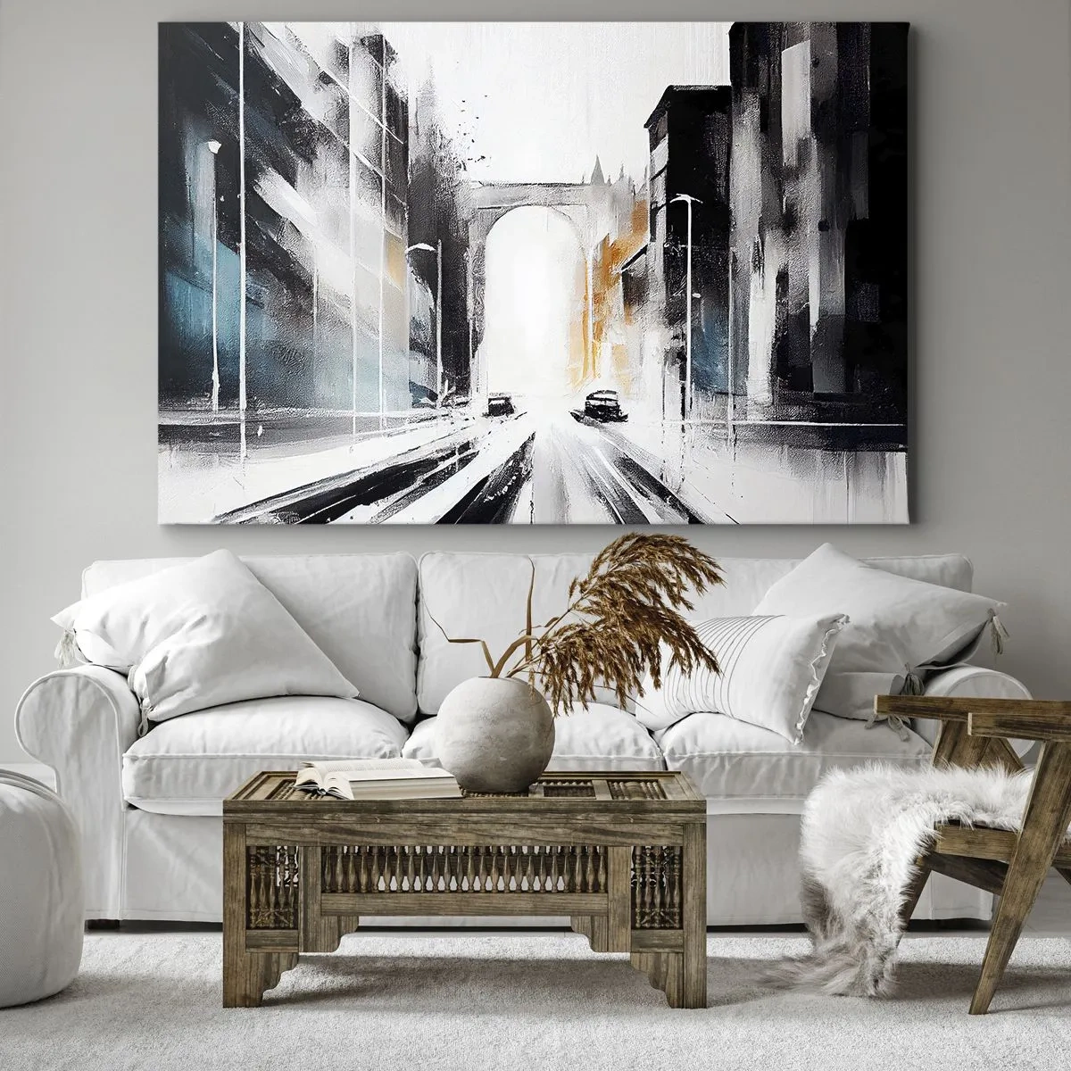 Schilderen op canvas - Abstract stadsgezicht met boogbrug - 70x50cm - Stadsstudie: architectuur en beweging - Moderne wanddecoratie voor woonkamer en slaapkamer ARTTOR