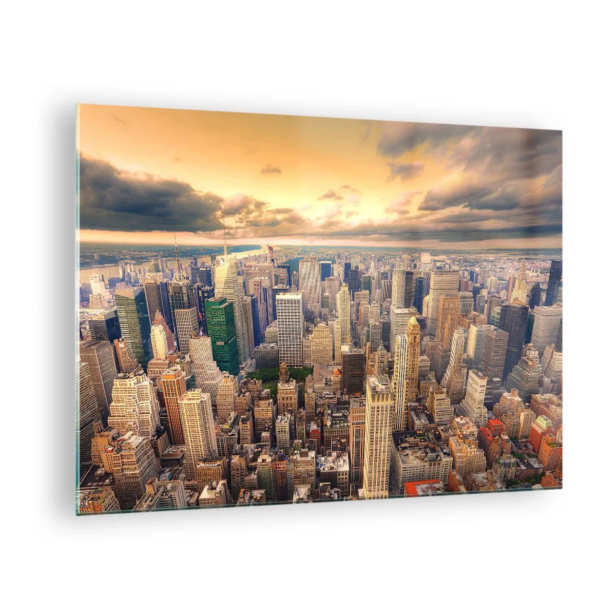 Schilderen op glas - Stadspanorama met wolkenkrabbers bij zonsondergang - 70x50cm - Vergulde metropool - Moderne wanddecoratie voor woonkamer en slaapkamer ARTTOR