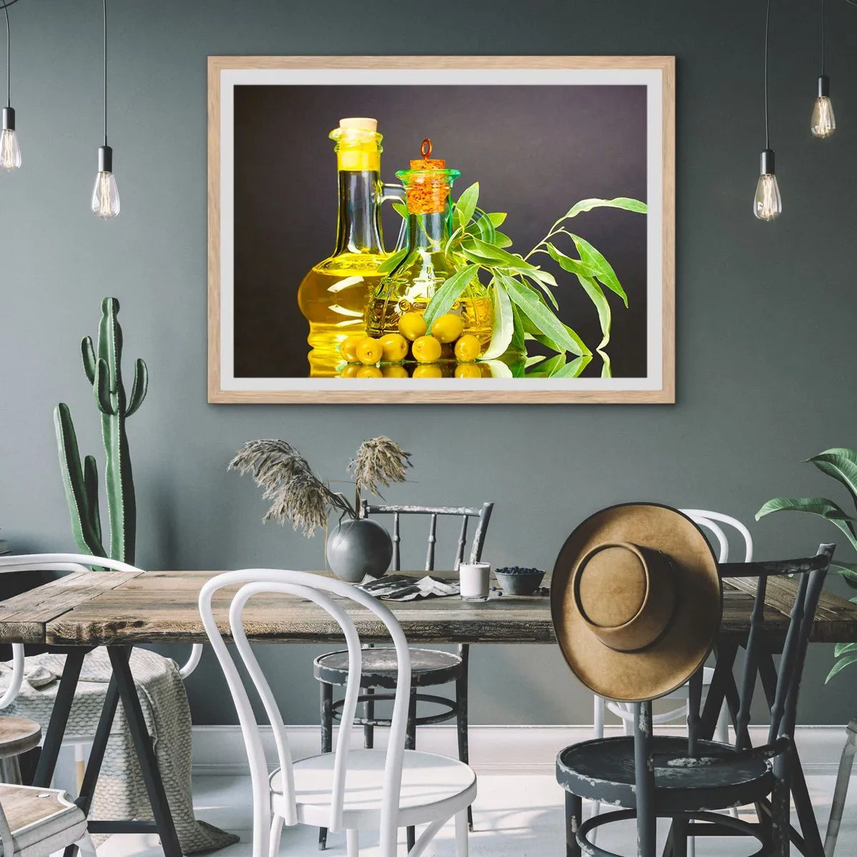 Een poster in een licht eiken lijst - Stilleven met olijven en olijfolie - 50x40 cm