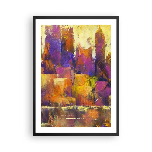Poster in een zwarte lijst - Een abstracte compositie in warme tinten oranje en paars. - 50x70cm - Metropolitan compositie - Moderne wanddecoratie voor woonkamer en slaapkamer ARTTOR