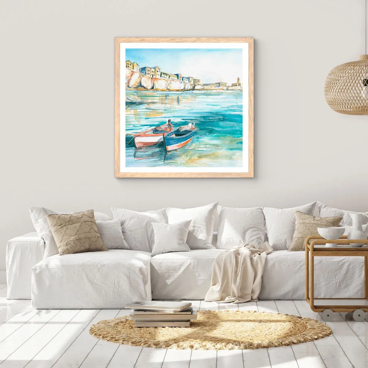 Een poster in een licht eiken lijst - Azuurblauw landschap - 40x40 cm