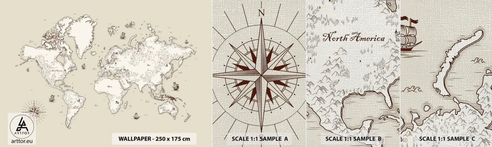 Fotobehang Monster Premium Canvas - Reis rond de wereld - Wereldkaart, Continenten, Piratenschip - 100x30 cm