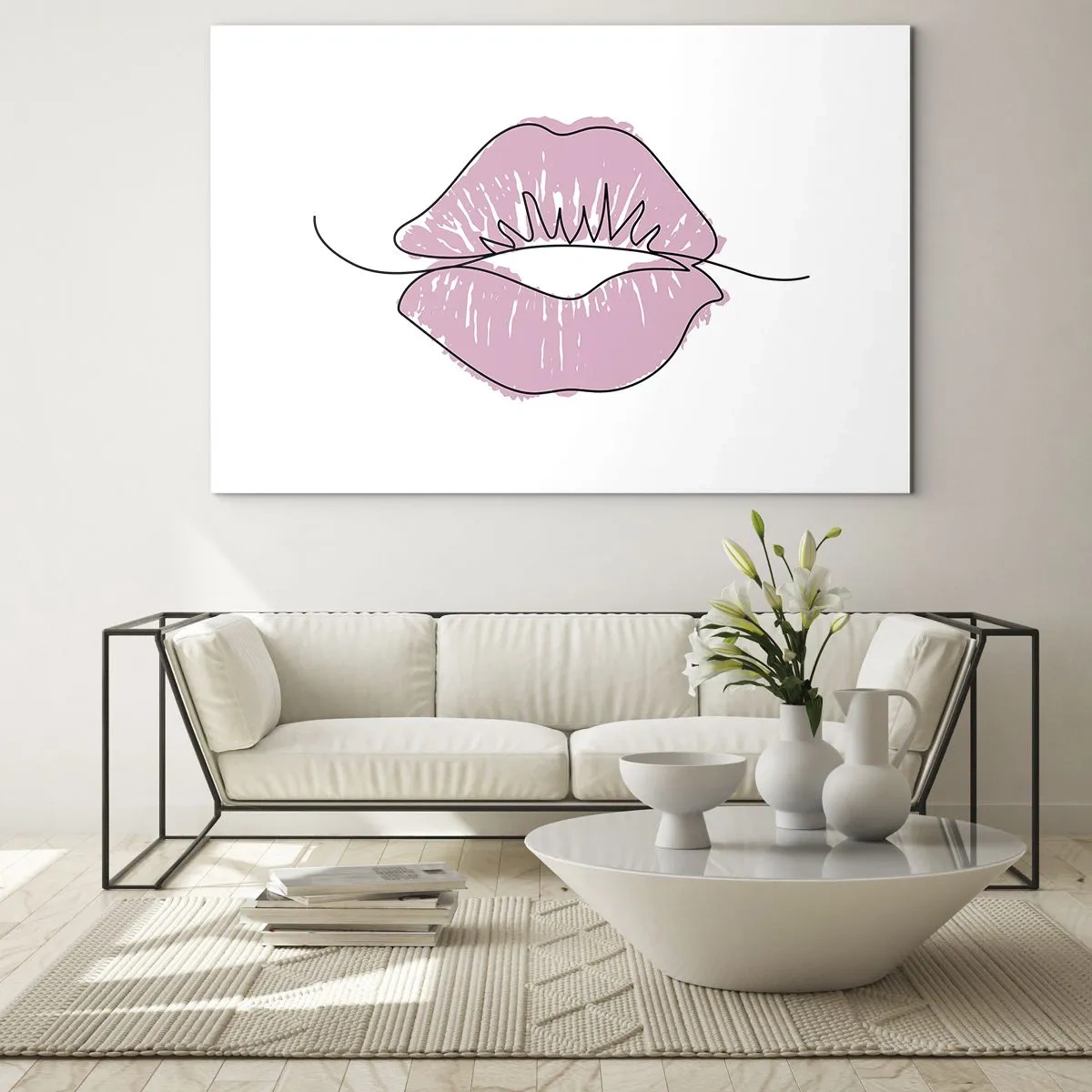 Schilderen op glas - Abstract beeld van lippen in tinten roze en zwart - 70x50cm - Klaar om te kussen? - Moderne wanddecoratie voor woonkamer en slaapkamer ARTTOR