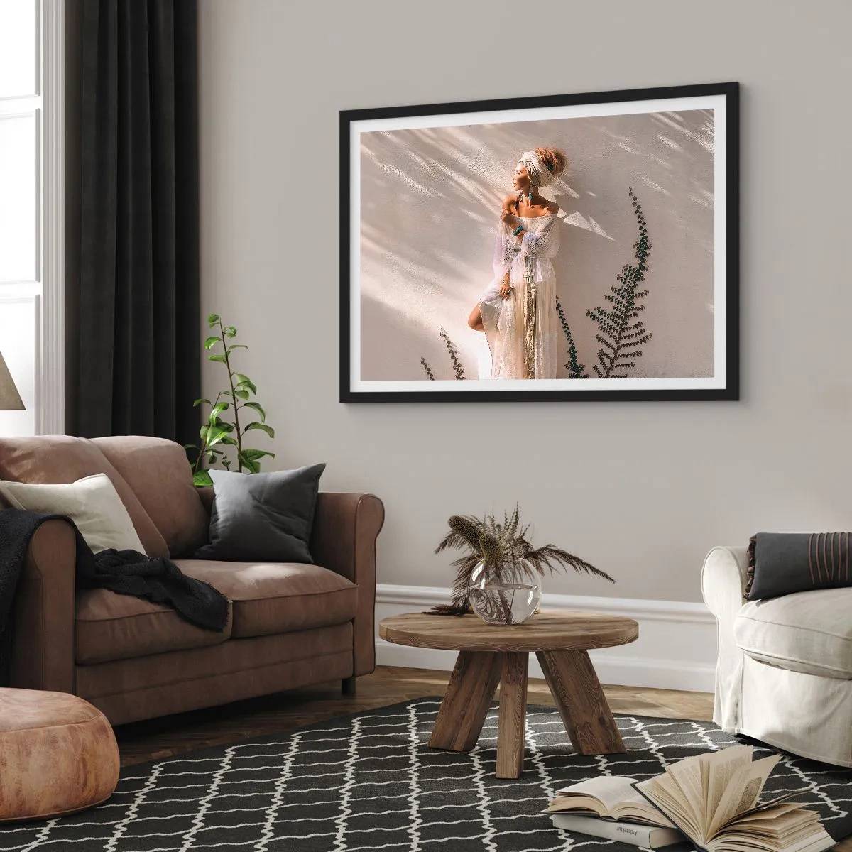 Poster in een zwarte lijst - De zon en het meisje - 100x70 cm