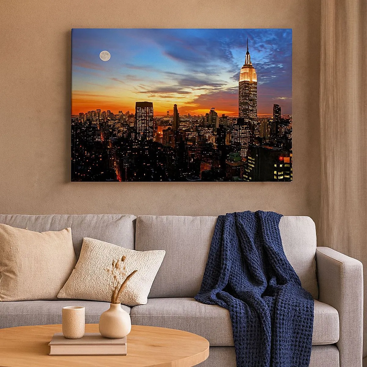 Schilderen op canvas - Stadspanorama met verlichte wolkenkrabbers in de schemering - 70x50cm - Een stralende Amerikaanse nacht - Moderne wanddecoratie voor woonkamer en slaapkamer ARTTOR