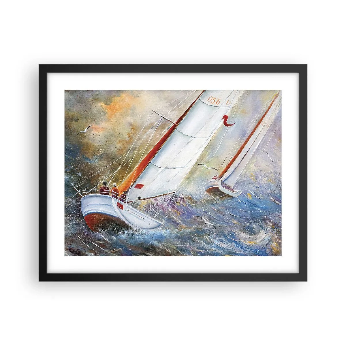 Poster in een zwarte lijst - Lopend op de golven  - 50x40 cm