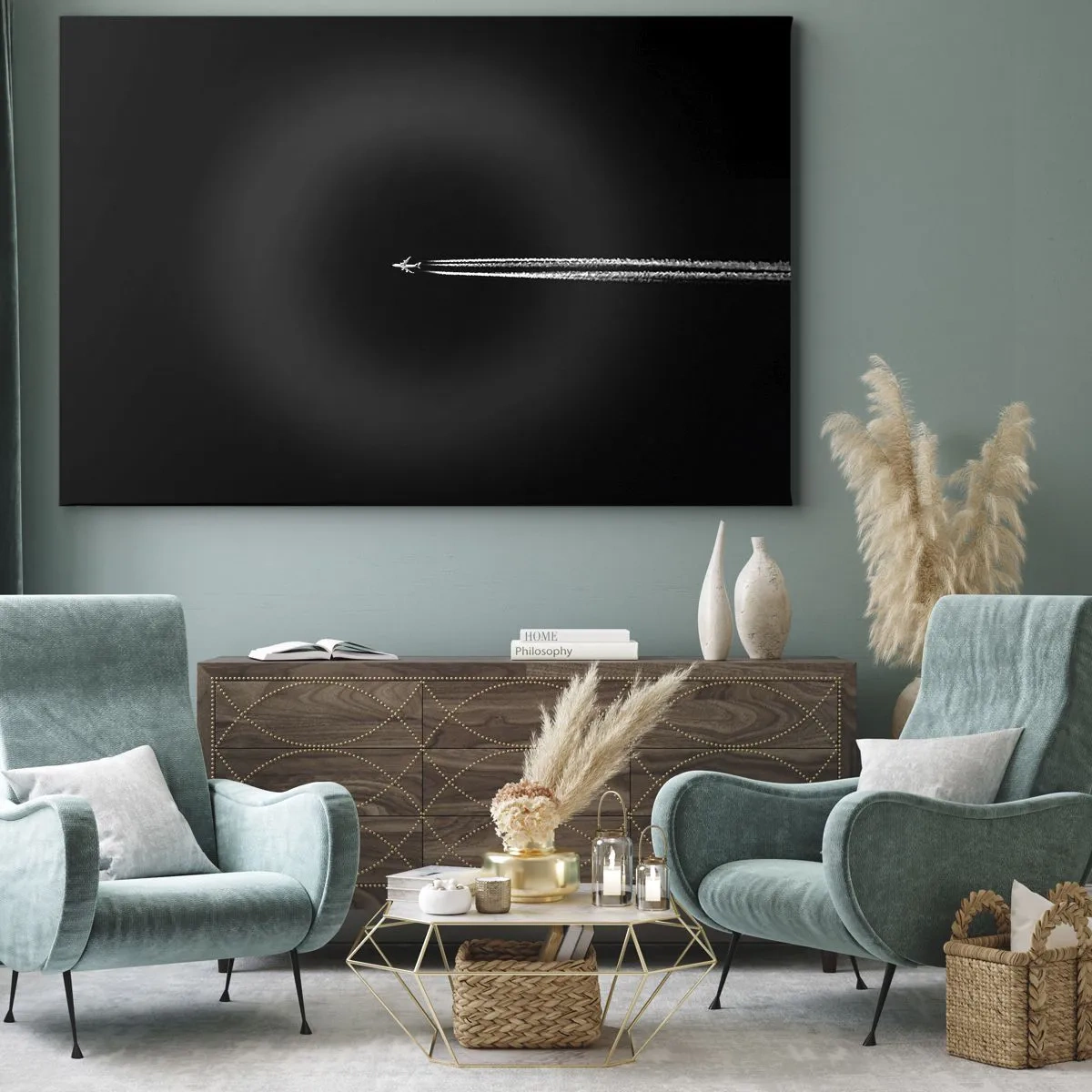 Schilderen op canvas - Een straalvliegtuig met een zichtbare condensatiestreep op een zwarte achtergrond - 70x50cm - Naar een andere dimensie - Moderne wanddecoratie voor woonkamer en slaapkamer ARTTOR