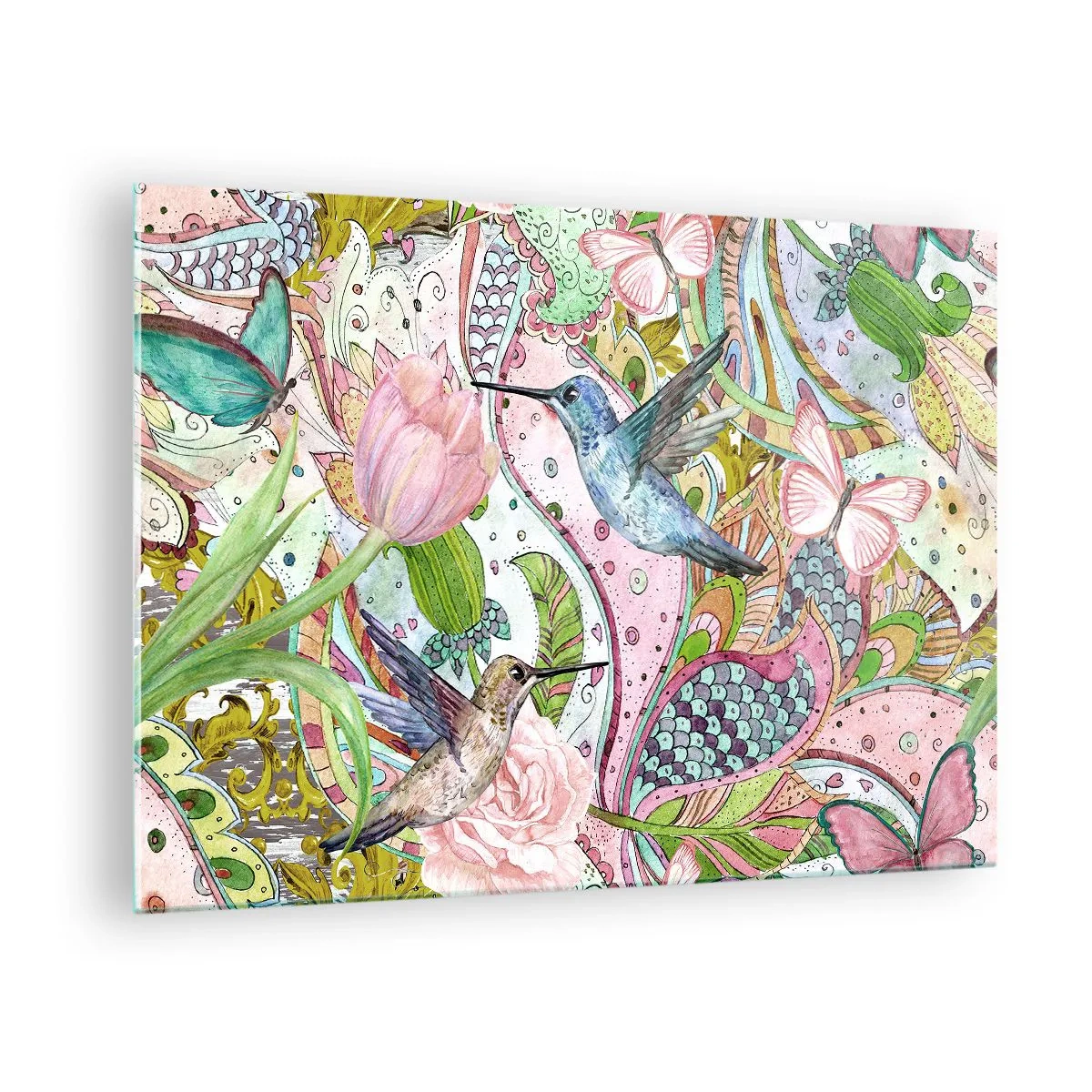 Schilderen op glas - Kleurrijke kolibries tussen bloemen en vlinders - 70x50cm - Verstrikt in wijnstokken - Moderne wanddecoratie voor woonkamer en slaapkamer ARTTOR