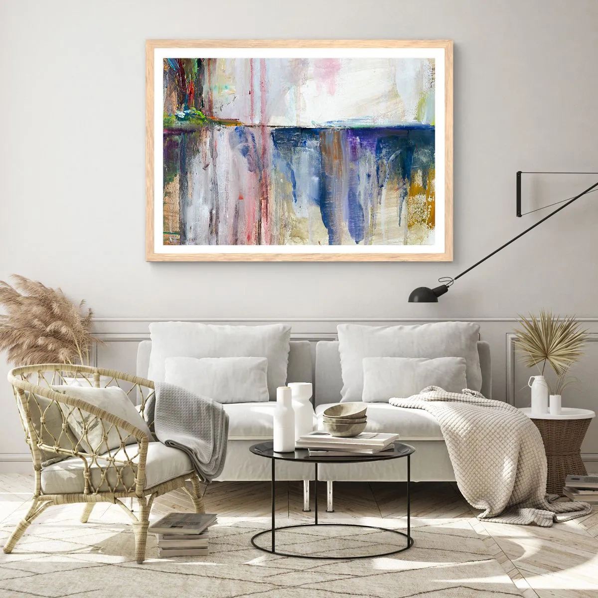 Een poster in een licht eiken lijst - Kleurrijke impressies en associaties - 70x50 cm