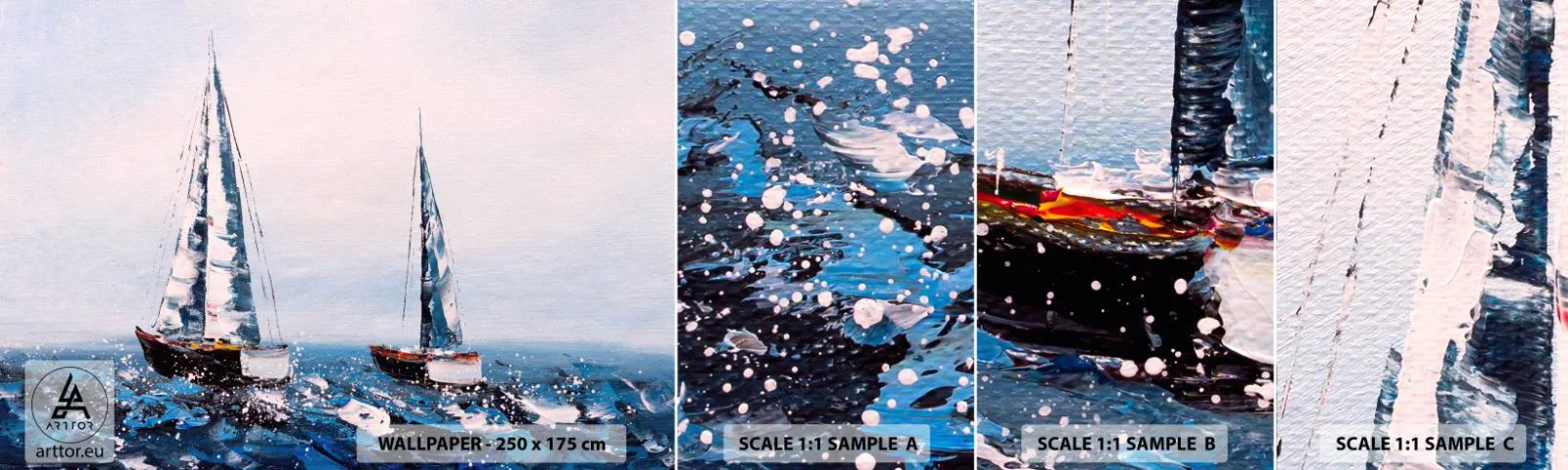 Fotobehang Staaltje Standard Eco - Broederschap van de wind - Zeilboten, Landschap, Kust - 100x30 cm