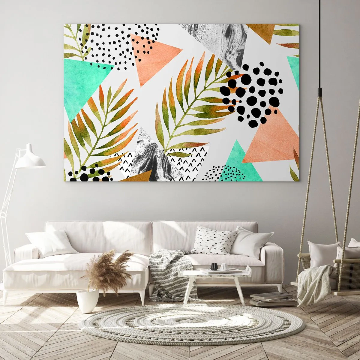 Schilderen op glas - Geometrische vormen en bladeren in pastelkleuren - 70x50cm - Decoratie met palmblad - Moderne wanddecoratie voor woonkamer en slaapkamer ARTTOR