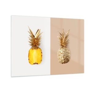 Schilderen op glas - Een gesneden en gouden ananas op twee contrasterende achtergronden - 70x50cm - Ananas voor ons - Moderne wanddecoratie voor woonkamer en slaapkamer ARTTOR