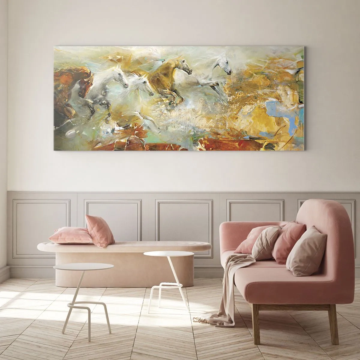 Schilderen op glas - Galopperen door het licht - 100x40 cm
