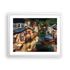 Poster in een witte lijst - Een avond op een Chinese straat - 50x40 cm